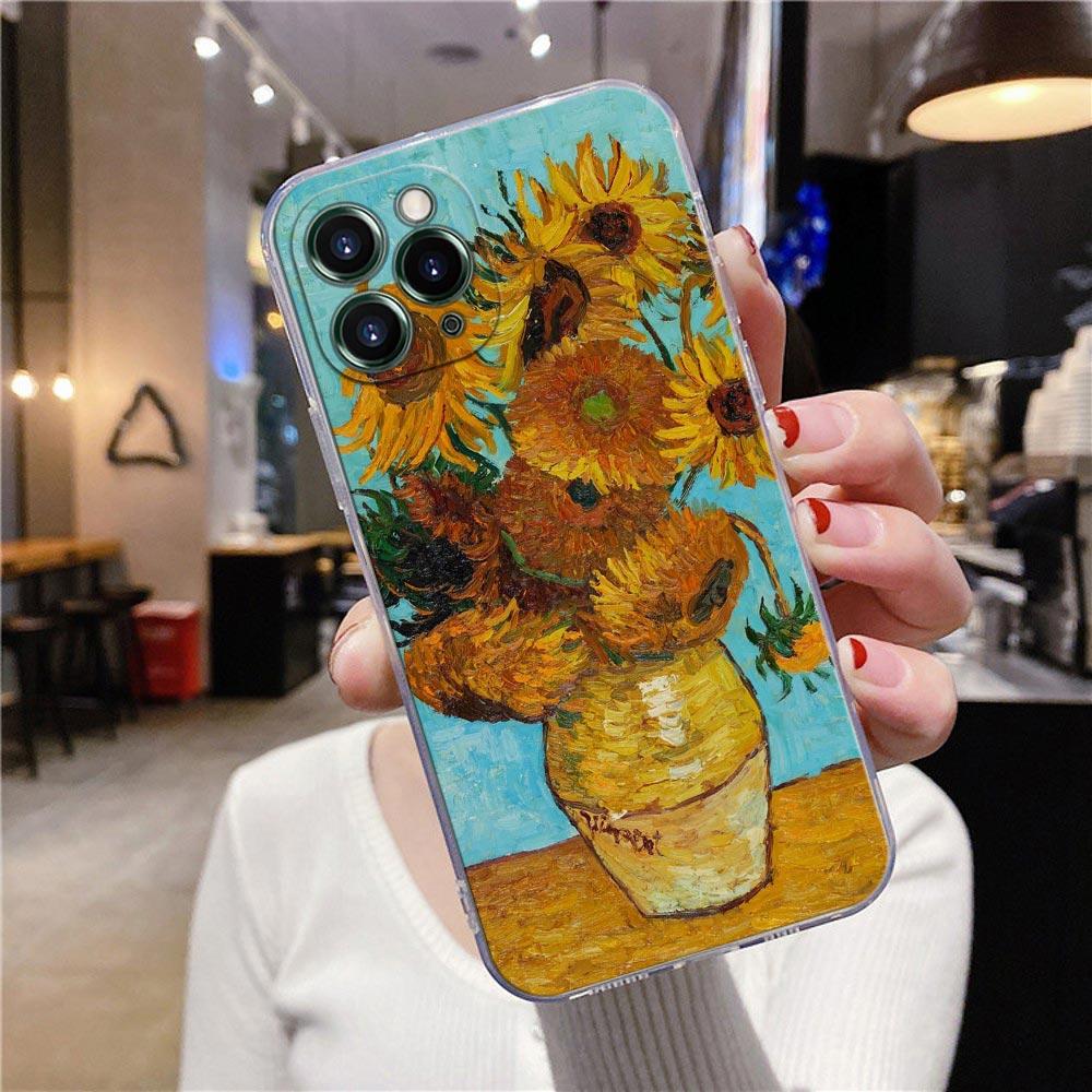 Starry Sky Van Gogh Oil Painting Sunflower Almond Blossoms Clear Phone Case For iPhone 15 13 11 12 14 Pro Max XS 7 8 Plus Covers