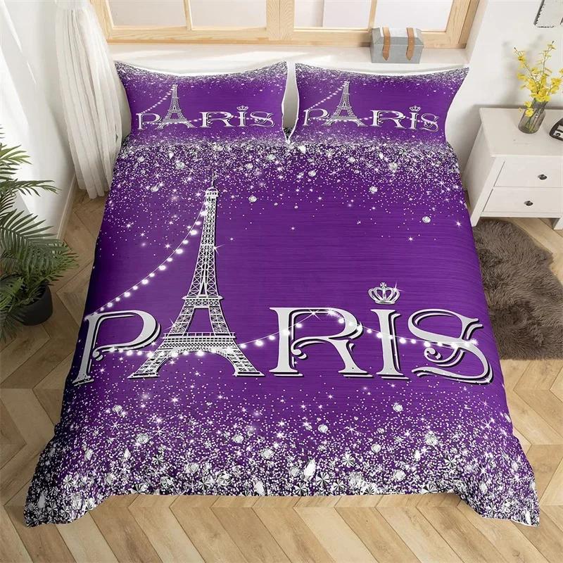 Eiffel Tower Duvet Cover Set Single Twin King For Kids Girl Teen Room Paris Bedding Set Microfiber Gradient Diamond Quilt Cover