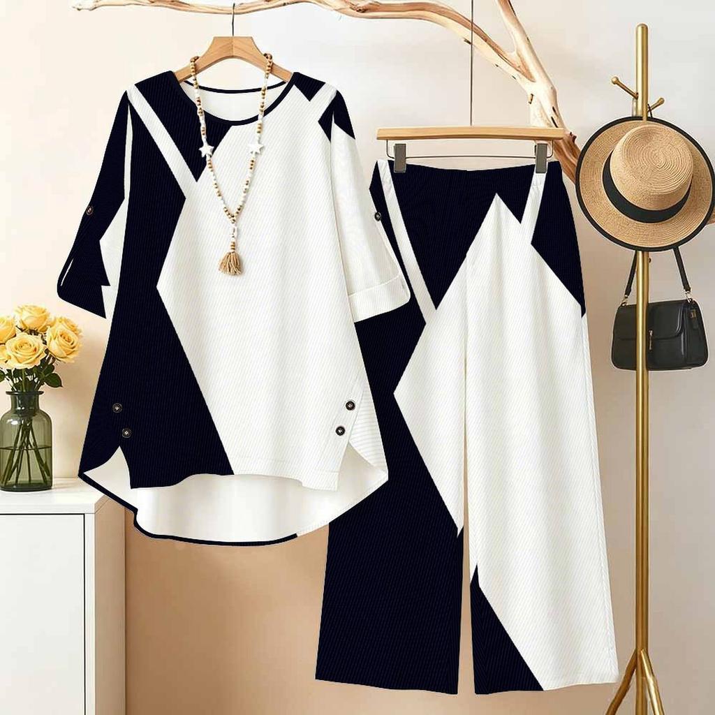 Women's 2‑Piece Outfit, Abstract Art 3/4 Sleeve Irregular Hem Top & Wide Leg Pants Set, Casual Loose Matching Suit