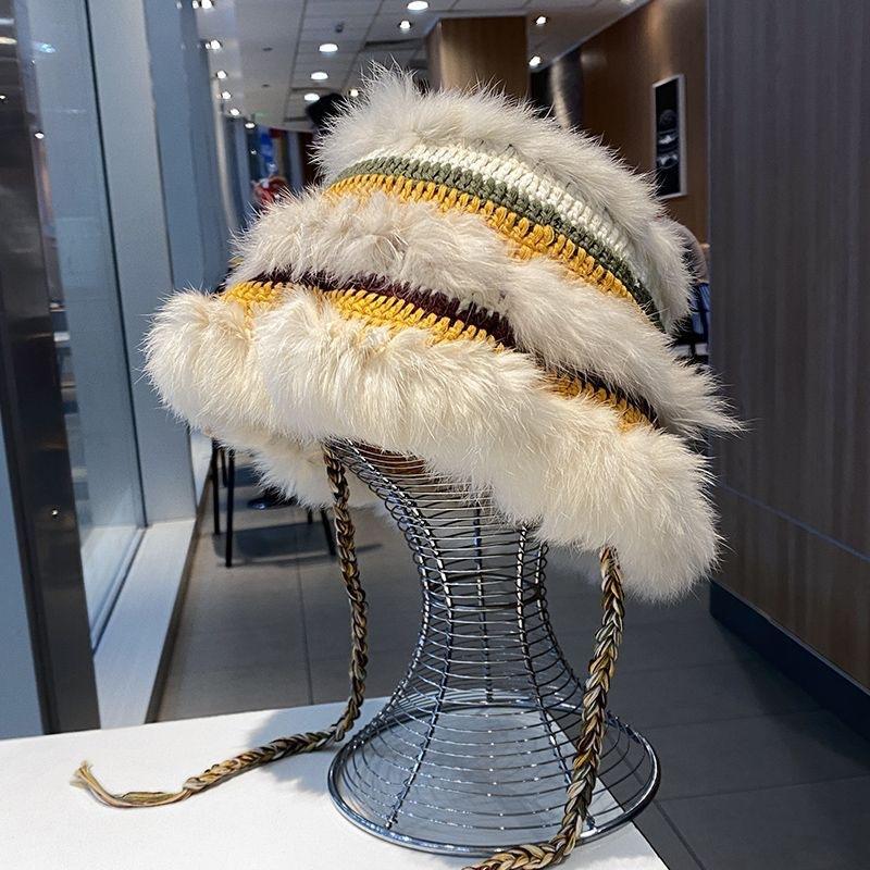 New autumn and winter rabbit fur decoration big head circumference women's fur hat fisherman's hat bucket hat ear protector knitted hat tide