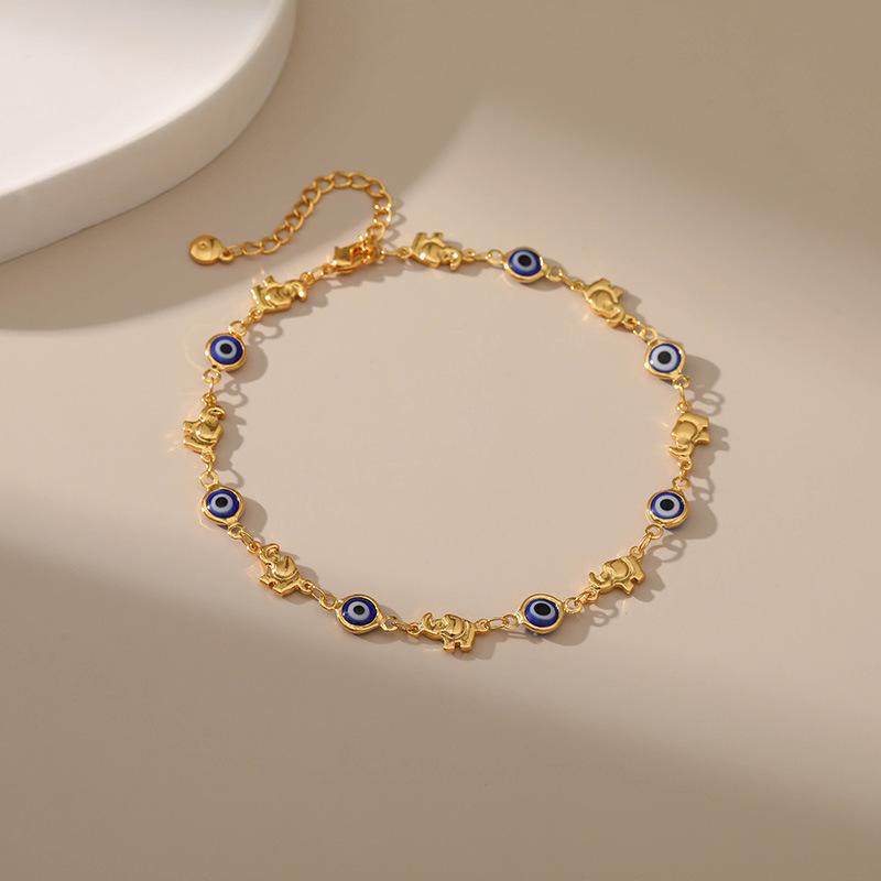 Gold Plated Evil Eye & Elephant Charm Anklet With Extension Chain золотой