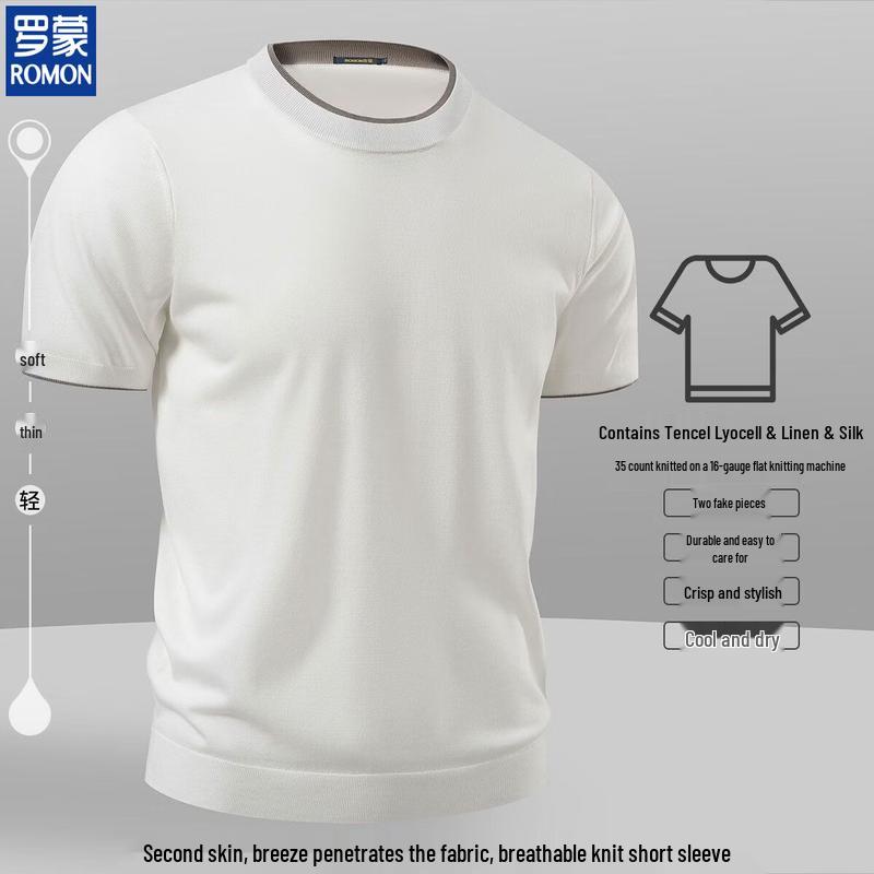 

ROMON Men s Linen & Silk Blend Fake Two-Piece Knit Short Sleeve T-Shirt 2XL