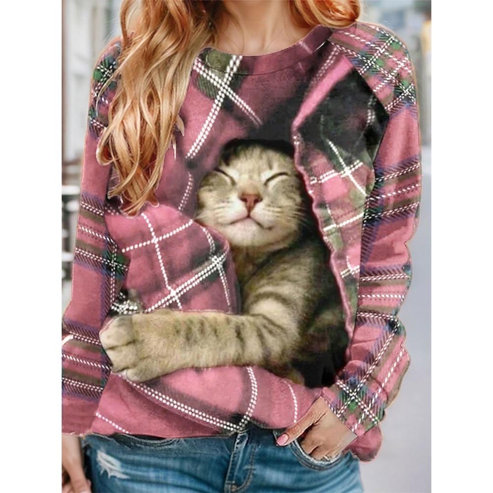 Large-sized Women's Pullover Christmas Sweatshirt Plaid Cat Casual Sportswear Festival Round Neck Long Sleeve Top Micro-elastic Fall & Winte