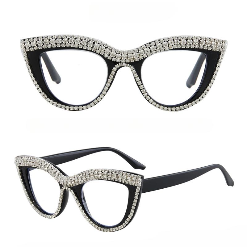 Men Anti Blue Light Far Sight Eyeglasses Cat Eye Diamond Studded Reading Glasses Women Presbyopia Glasses