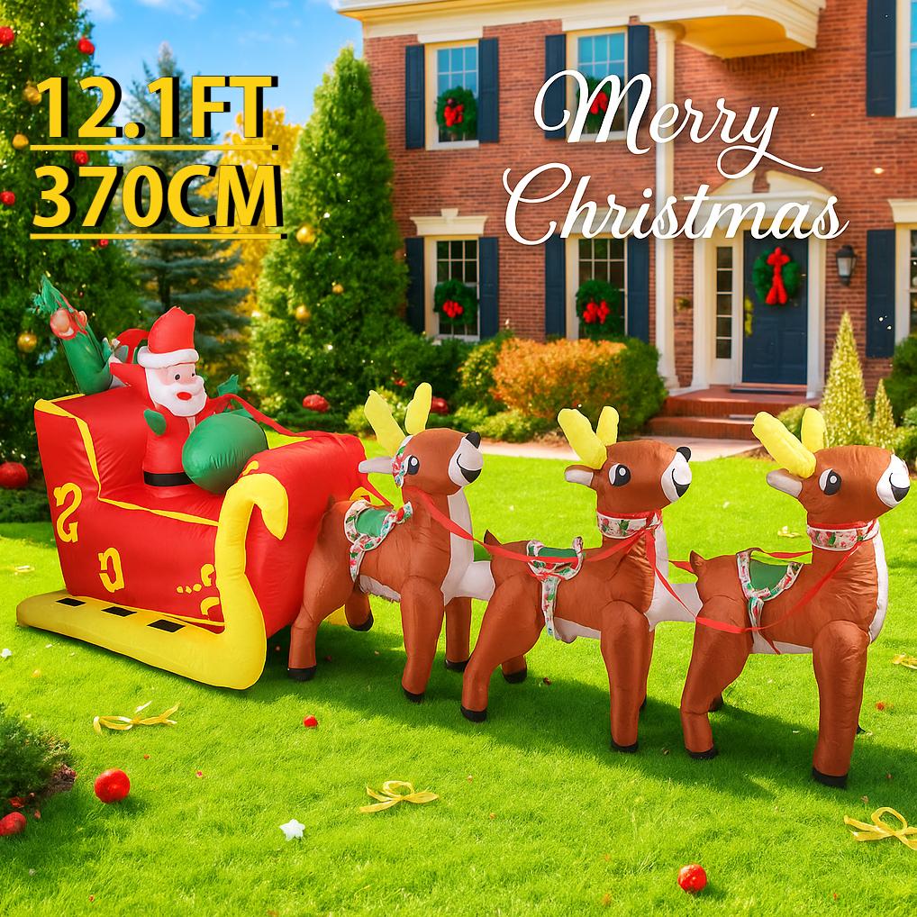 12.1FT Inflatable Toy Santa Sleigh Reindeer Xmas Yard Party Decoration LED Lit Christmas Home Supplies Ornament Festive Gift