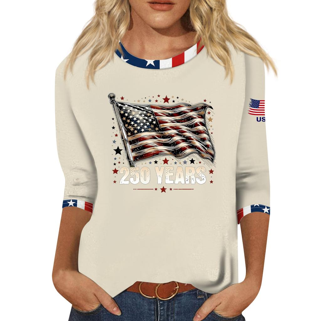 Women's Fashion Casual Seven-Sleeve Independence Day Print Round Neck Top