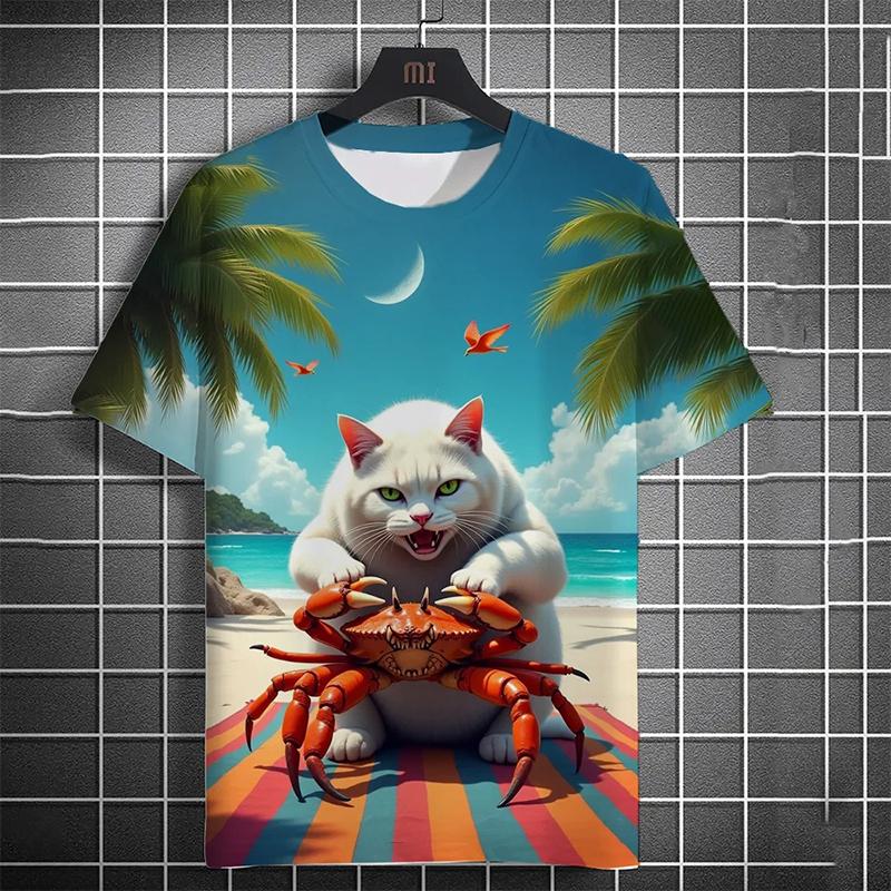 Men's T-shirt 3D Printed Funny Beach Catching Fish Kitten Printed Short Sleeve T-shirt Daily Casual Round Neck T-shirt Polyester