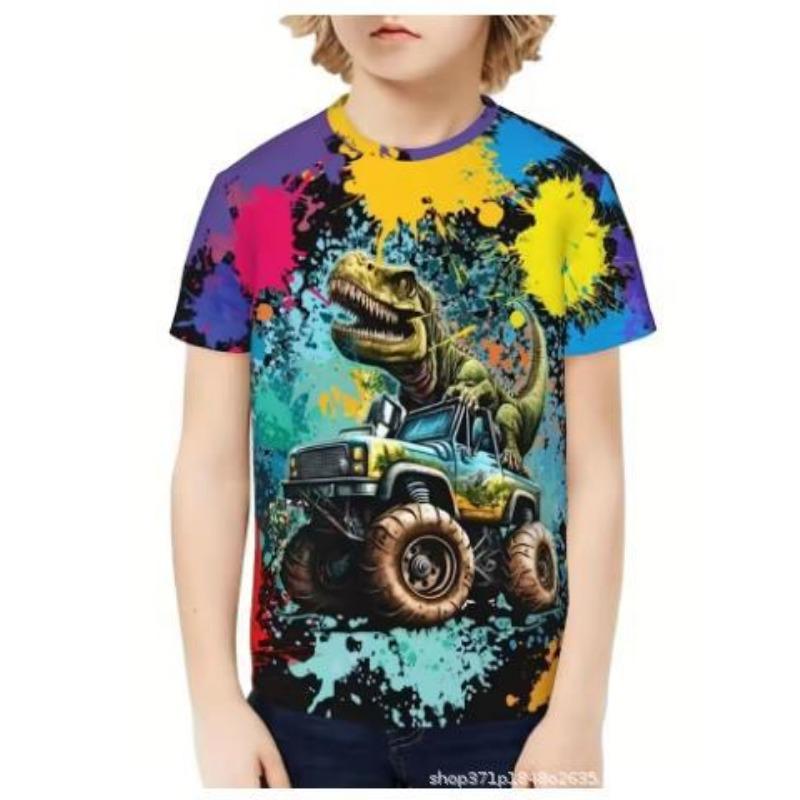 

Летняя футболка с круглым вырезом и 3D-принтом динозавра, имитирующим масляную живопись, модная повседневная футболка с коротким рукавом для детей и мальчиков 160