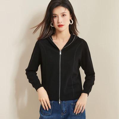 Damen Kapuzen-Cardigan-Pullover aus 100 % Merinowolle