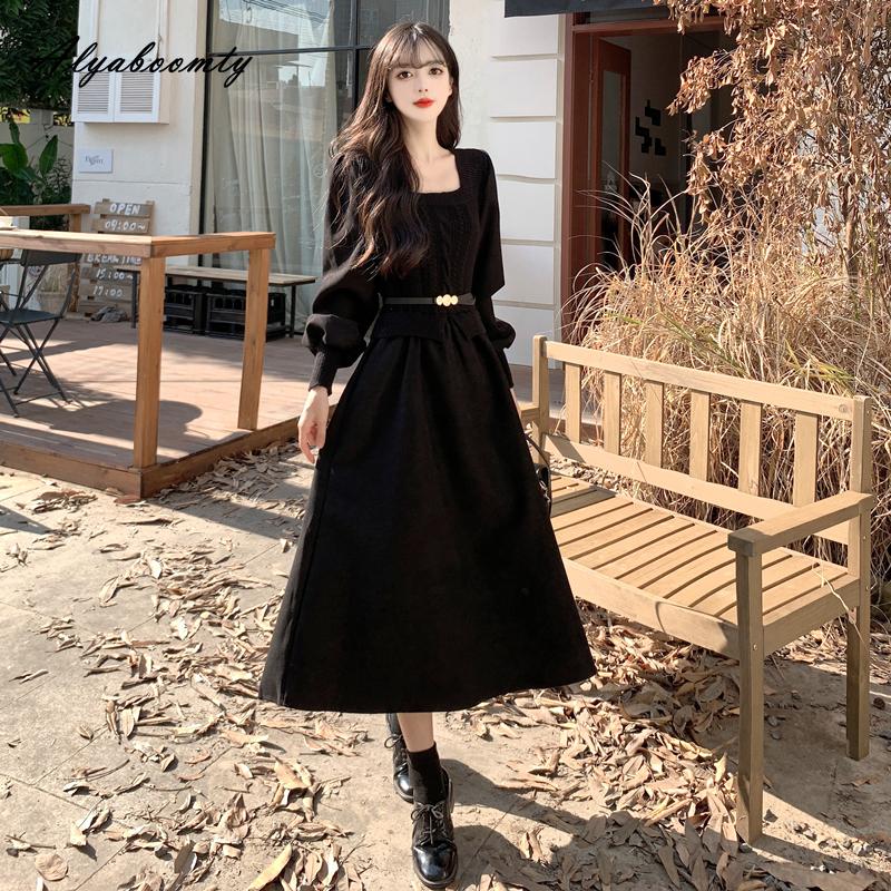 Podzimní Zimní Dámské Midi Šaty v Korejském Stylu Čtvercový Límec Pletenina Patchwork Ležérní Volné Šaty s Páskem Elegantní Ženské Vintage Šaty