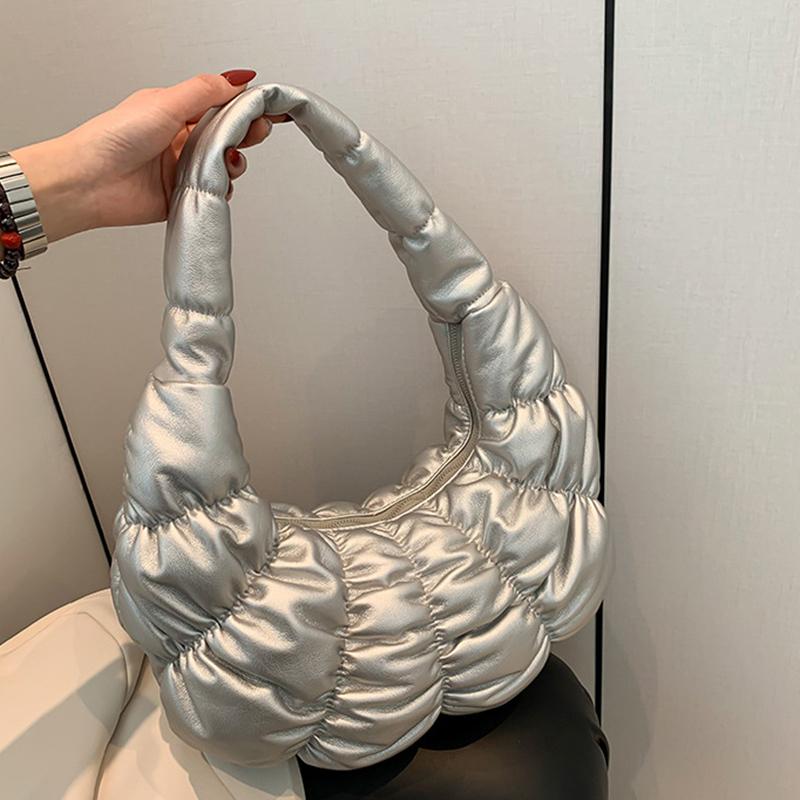 Quilted Padded Crossbody Bag for Women Ruched Shoulder Cloud Bag PU Leather Half Moon Hobo Bag Bubbles Handbag Purses AVE