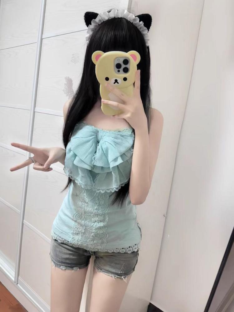 Summer France Bow Vintage Slim Sling Tops Women Casual Sweet Sleeveless Off Shoulder Vest Hot Girl Y2k Patchwork Lace Sexy Top
