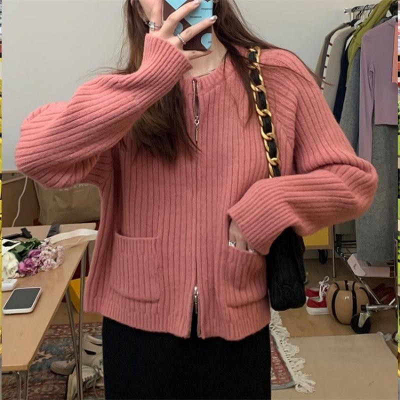 Autumn and Winter New Round Neck Zipper Knitted Cardigan Top Women's Retro Solid Color Soft Waxy Loose Sweater Jacket
