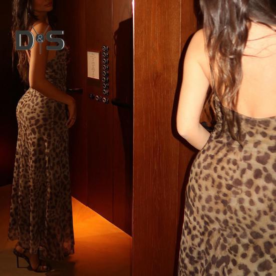 Dámské skluzové šaty Leopardí potisk s úzkým pasem a nízkým výstřihem do V, výstřih do V bez rukávů Plesový koktejlový klub Party Maxi šaty
