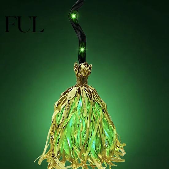 Scopa Alimentata a Batteria Strega di Halloween con Luce LED Verde, Scopa Luminosa da Mago Cosplay Decorazione per la Casa, Accessorio per Costumi per Feste a Tema,