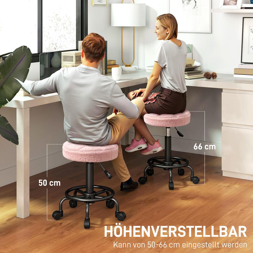 Rolling Stool Height-Adjustable Swivel Stool 55-66 Cm, Work Stool 360 Degrees Rotating, Diameter 50 X 50-66 Cm, Pink