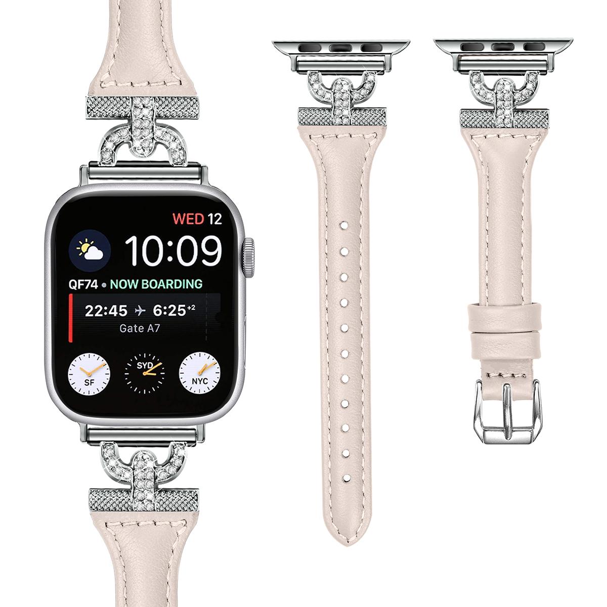 

Genuine Cow Watch Band for Apple Watch Series 10 42mm/9 8 7 41mm/SE (2023) SE (2022) SE 6 5 4 40mm/3 2 1 38mm Silver Buckle Rhinestone Decor Strap Apricot