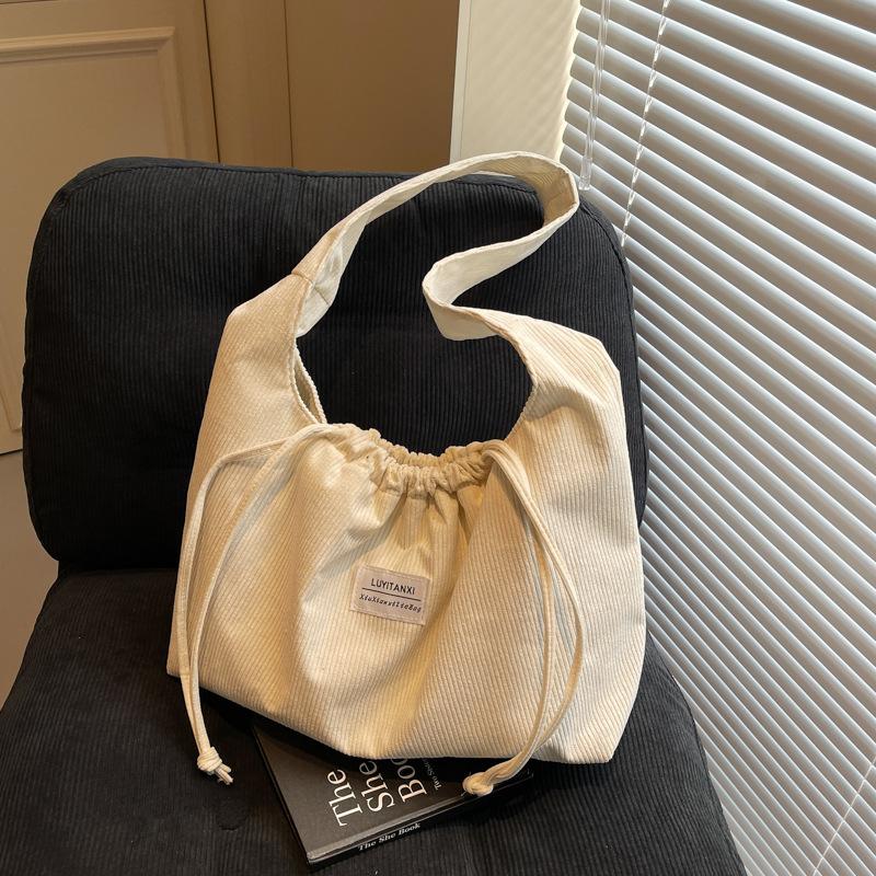 Corduroy Texture Large-capacity Bag Women's 2025 New Shoulder Bag Simple Soft Surface Casual Drawstring Tote Bag