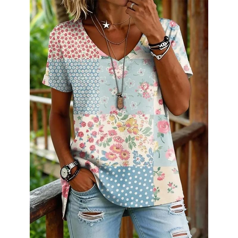 

Women s Vintage Classic V Neck Short Sleeve T-Shirt Geometry Graphic Print Casual Regular Tops Daily Going Out Wear for Summer S
