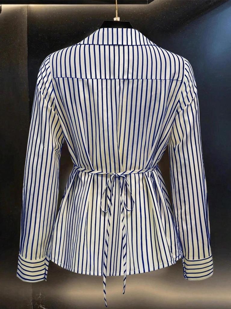 Women's Autumn 2025 Slimming Striped Long Sleeve Shirt with Irregular Waist-Cinching - Chic and Niche Style