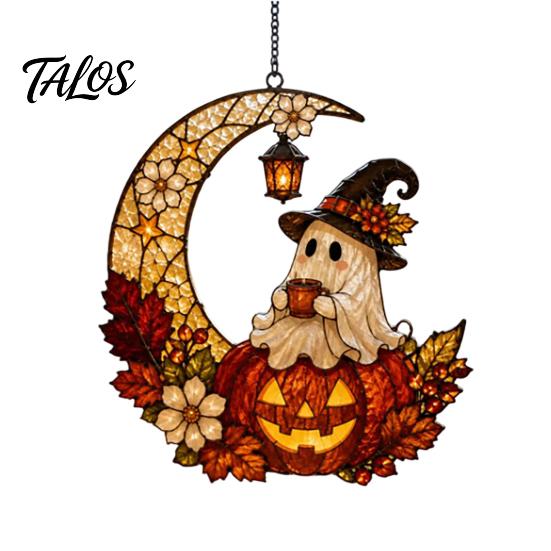 Ghost Pendant 2D Moon Pumpkin Acrylic Suncatcher, Halloween Window Home Garden Accents Hanging Ornament, Autumn Thanksgiving Yard Wall Decor