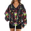 Women's Fashionable V-neck Christmas Printed Long Sleeved Casual Pullover Plush Warm Pocket Sweatshirt Top