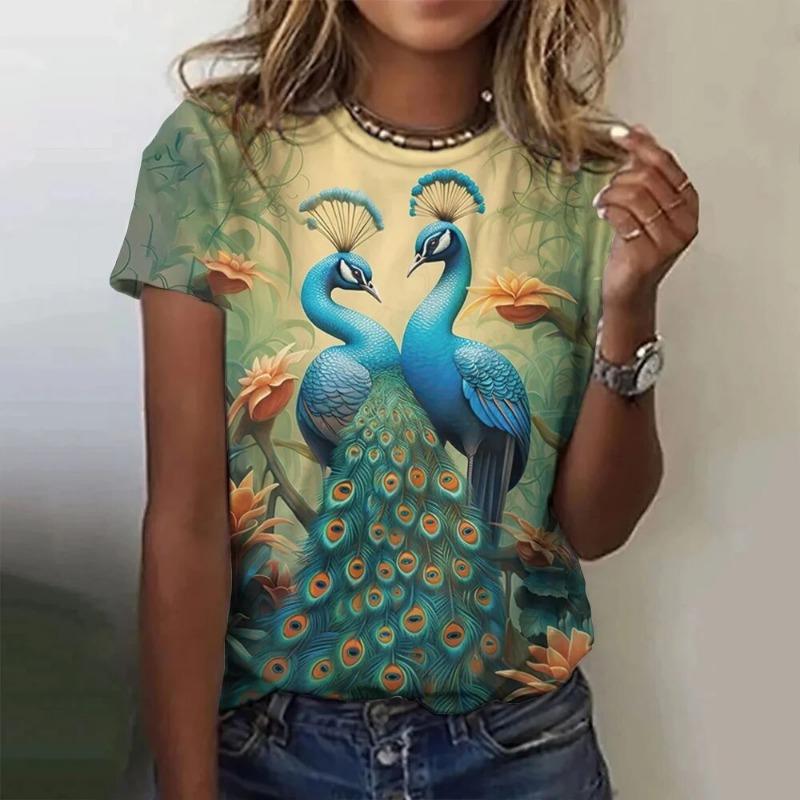 Peacock T-Shirts Animal Women Fashion O-Neck Short Sleeve T Shirt Y2k Harajuku Oversized Tees Tops Female Clothing