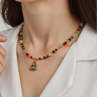 Dopamine Style Color-Block Skin-Whitening Semi-Precious Stone Christmas Tree Necklace with Seed Beads