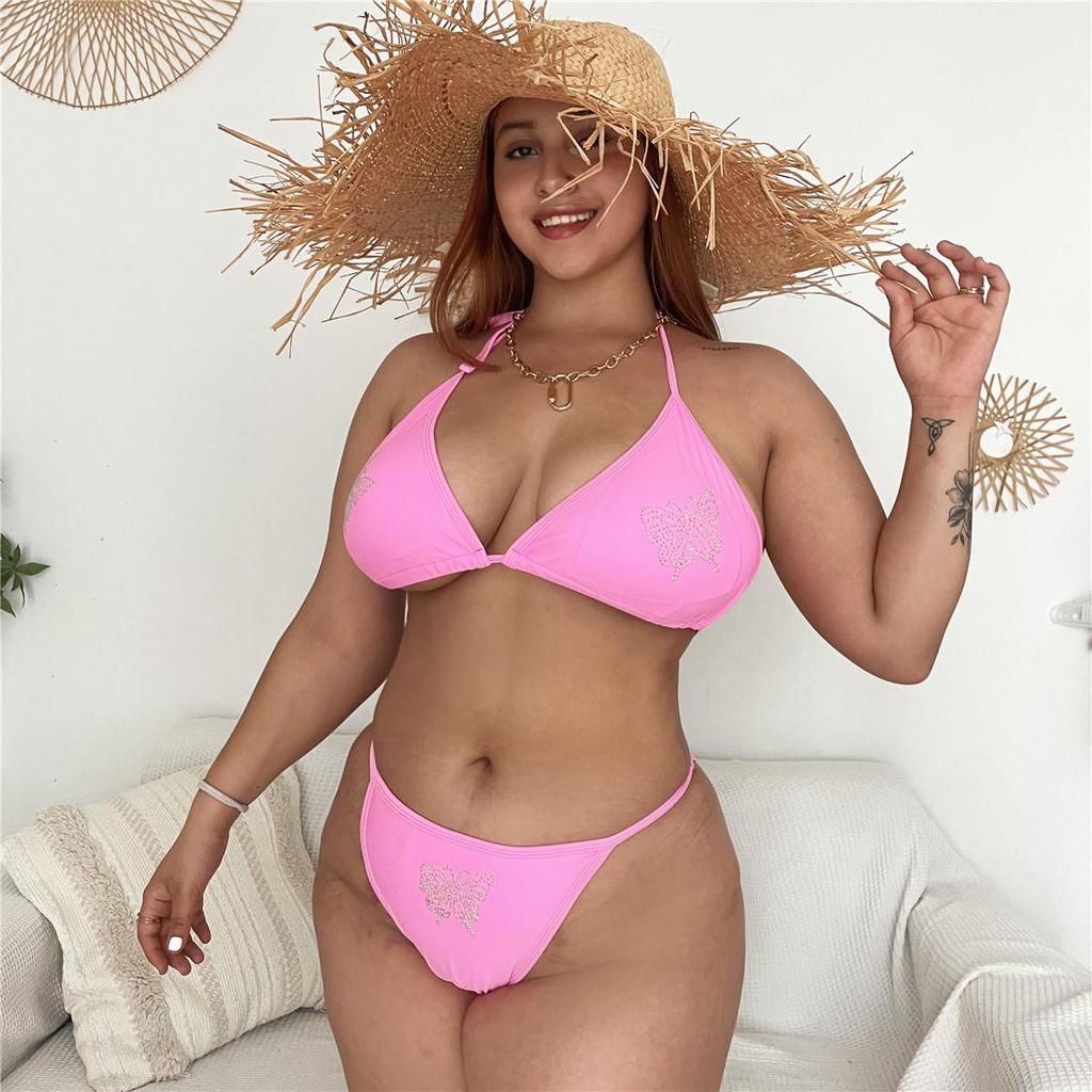 Europäischer & Amerikanischer Übergrößen Strass Schnür-Badeanzug - Einfarbiger Bikini ZY066