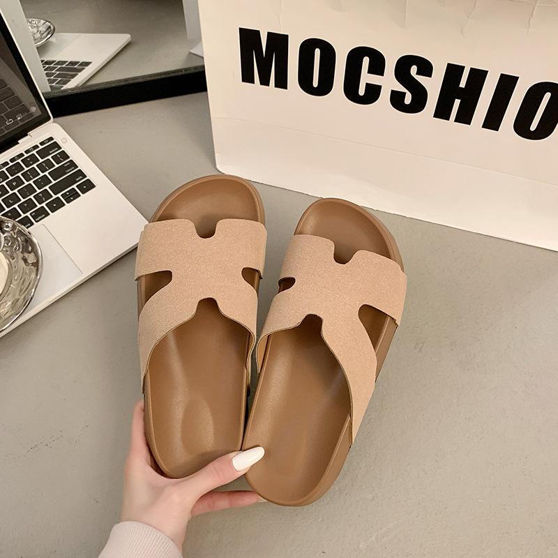 Simple New H-type Solid Color Thick Bottom One-word Drag Outer Wear 2025 Summer Round Head Cool Slippers 2025 Direct Sales