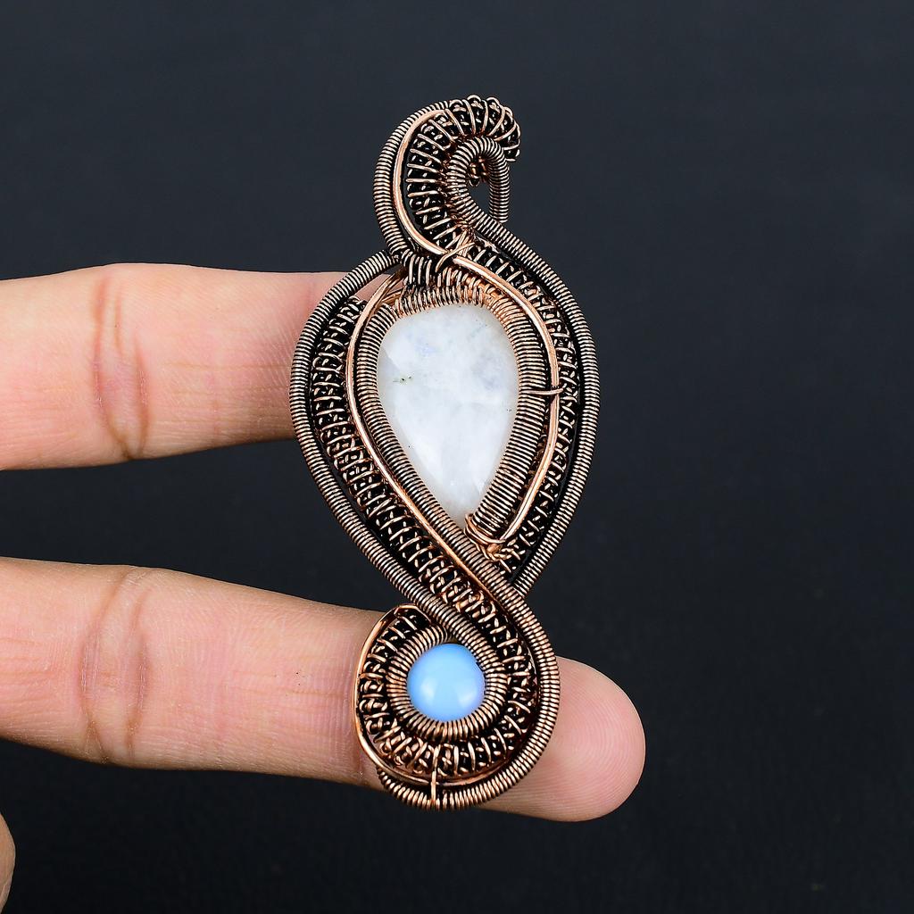 Natural Rose Quartz, Milky Opal Handmade Copper Wire Wrap Pendant 3.15 O7w15