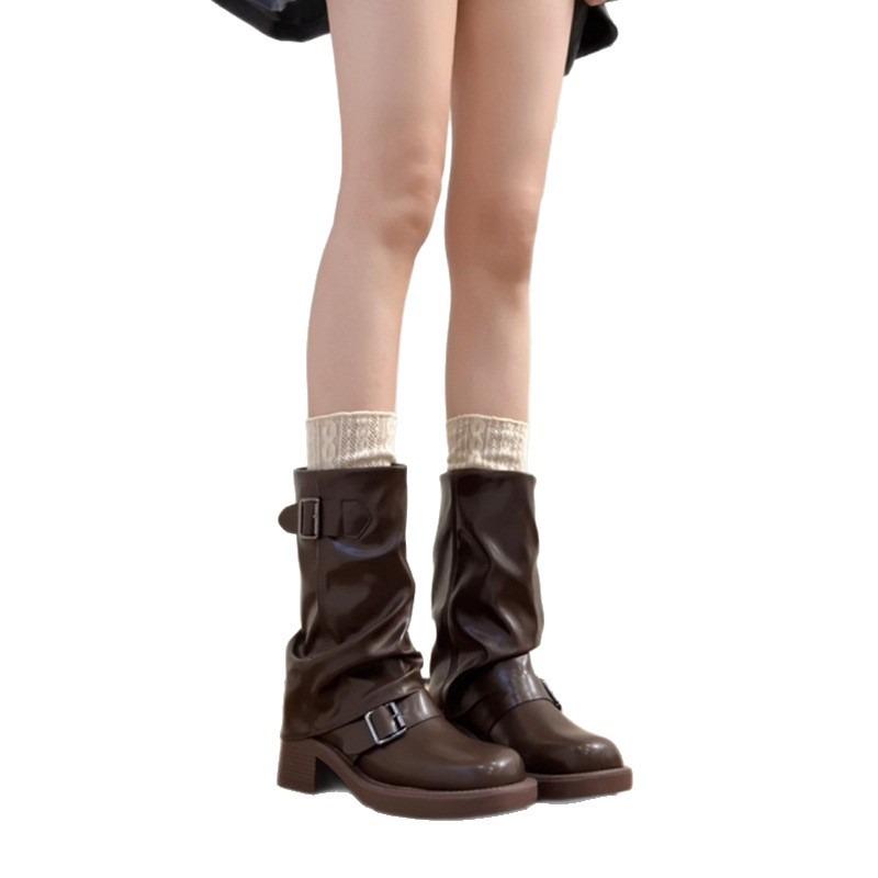 Cowhide Version~ Thick-soled Retro Western Cowboy Boots Women's Leather Pleated Stacking Boots Belt Medium Tube Pants Tube Knight Boots