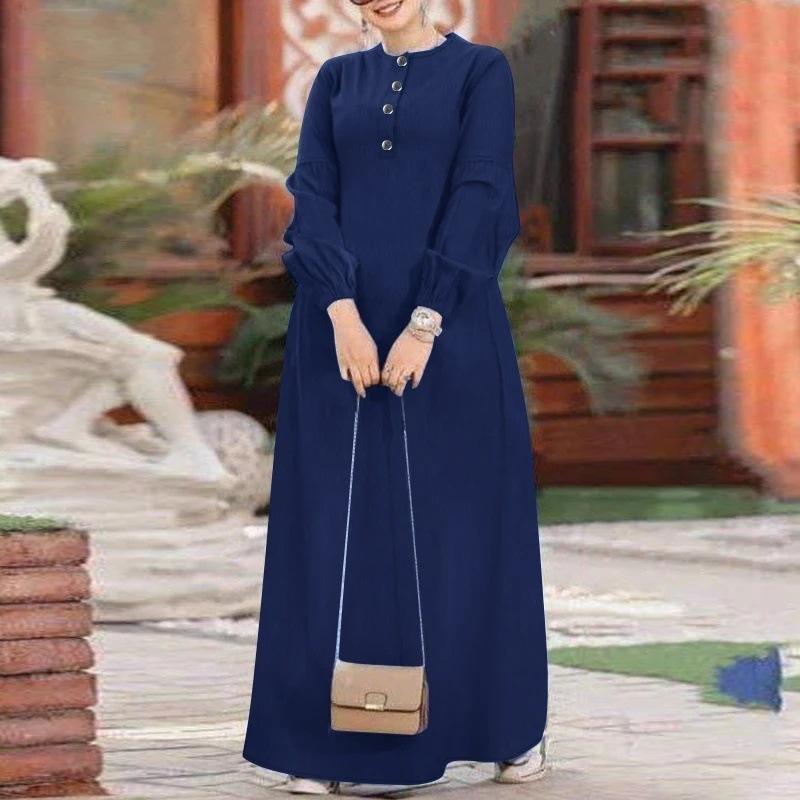 Abito Lungo da Donna a Maniche Lunghe con Bottoni e Maniche Arricciate, Monocolore, Casual