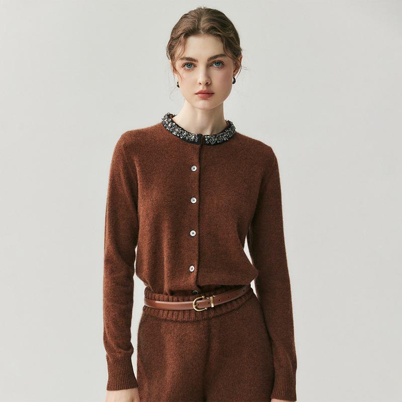 

Женский кашемировый кардиган с горным хрусталем на осень 2025 года - Круглый вырез, Приталенный силуэт Extra Extra Large