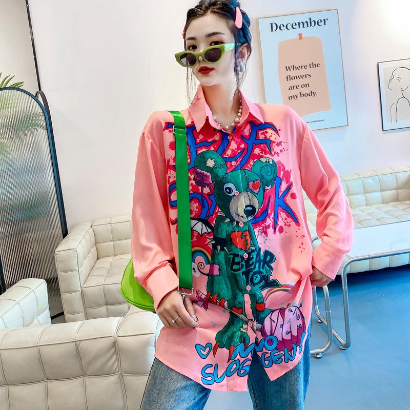 Thai Trendy Brand Autumn New Korean Version Cartoon Printed Shirt Medium and Long Cardigan Shirt Long Sleeve Top