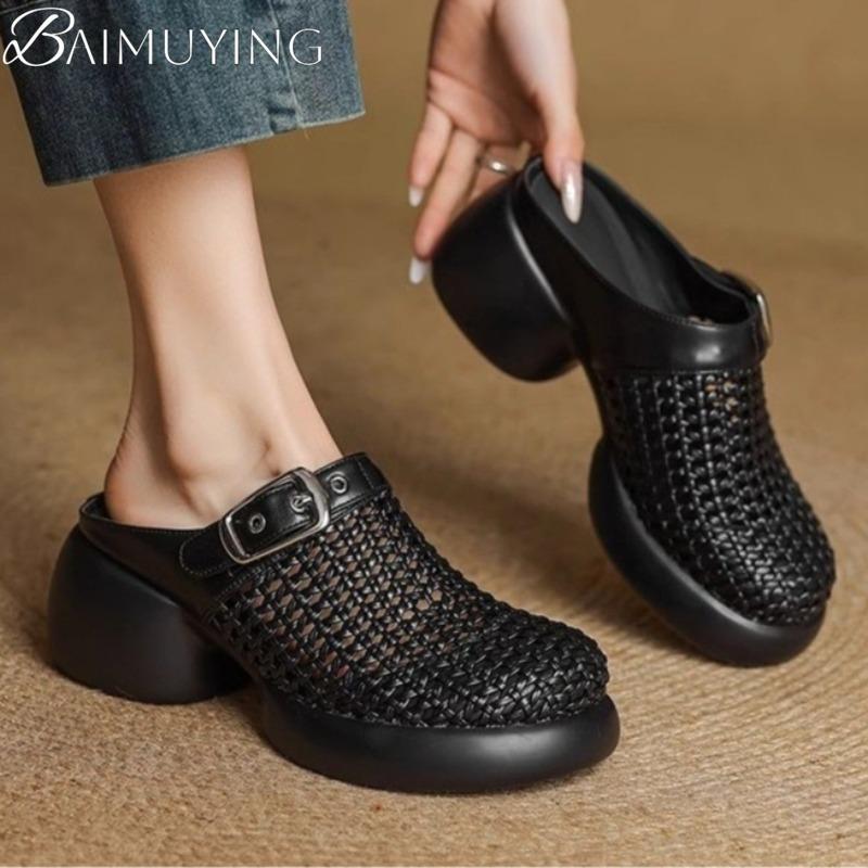 Mesh Platform High Heels Weave Women Slippers Hollow Sandals Mules Casual Shoes Woman 2025 Summer Fad Beach Loafers Slides Dress