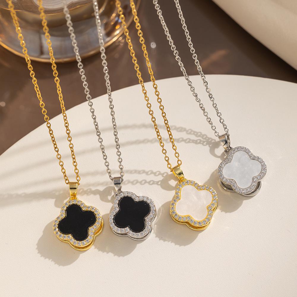 Titanium Steel 360° Rotating Double-Layer Four-Leaf Clover Korean Style Choker Necklace