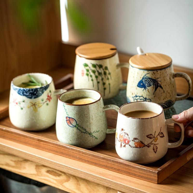 Ceramiczny kubek do kawy w stylu japońskim z uchwytem Kubek na śniadanie, mleko, owsiankę z pokrywką i łyżeczką Domowy kubek do herbaty, wody, odporny na ciepło