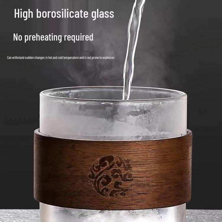 Insulated Borosilicate Glass Tea Cup with Walnut Wood Ring – Small, Multi-use for Home and Guests