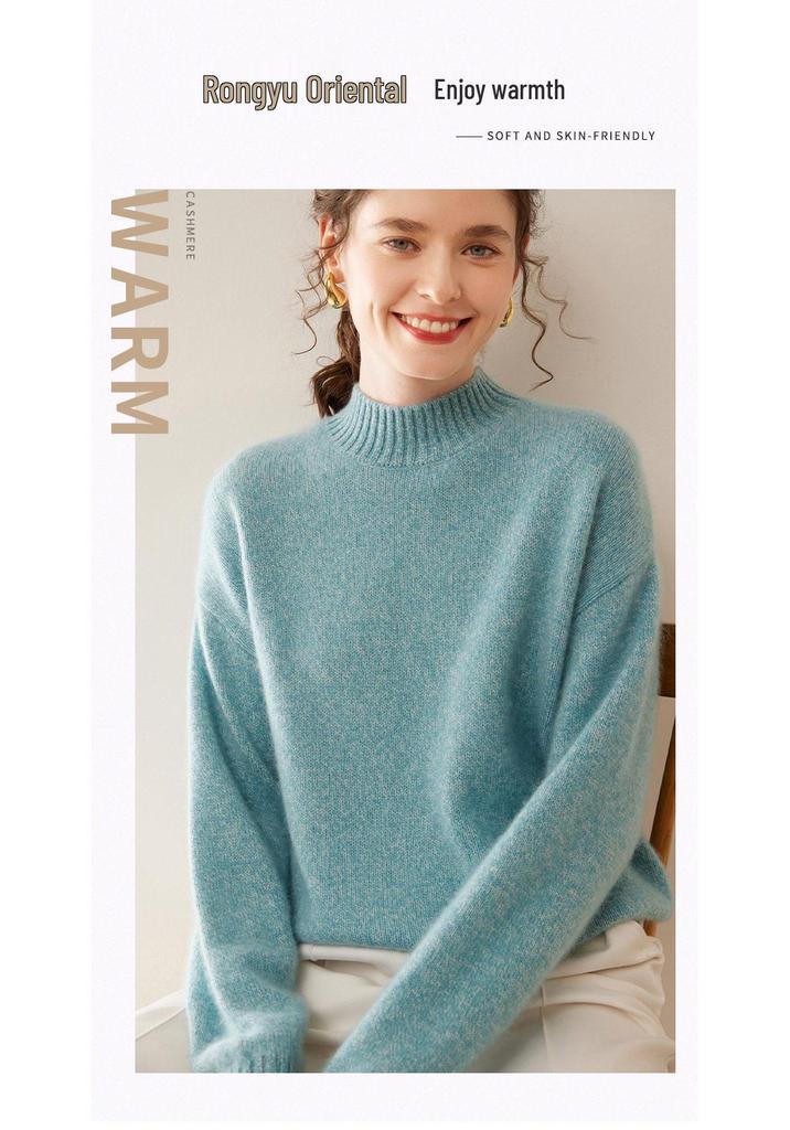 2025 Autumn/Winter Women's Mélange Yarn Cashmere Sweater, Half-High Neck, Loose Knit, Plus Size, Versatile Top