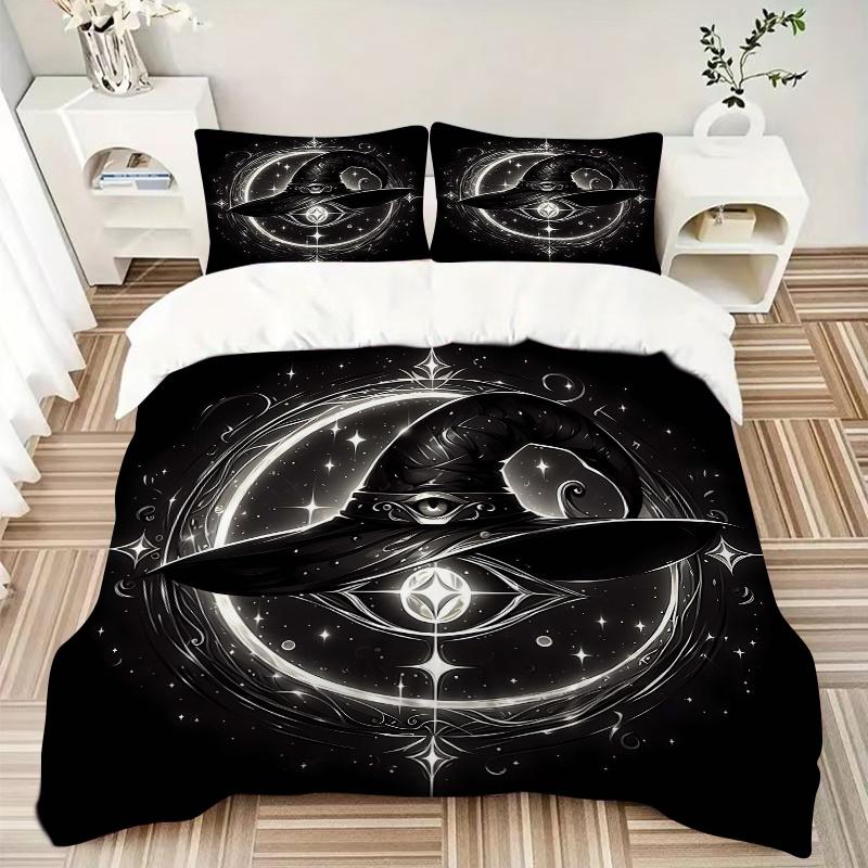 3pcs Witch's Hat Illuminated by Stars and Moonlight Bedding Set - Includes 1 Quilt Cover and 2 Pillowcases, Comfortable Bedding with Stylish Desi