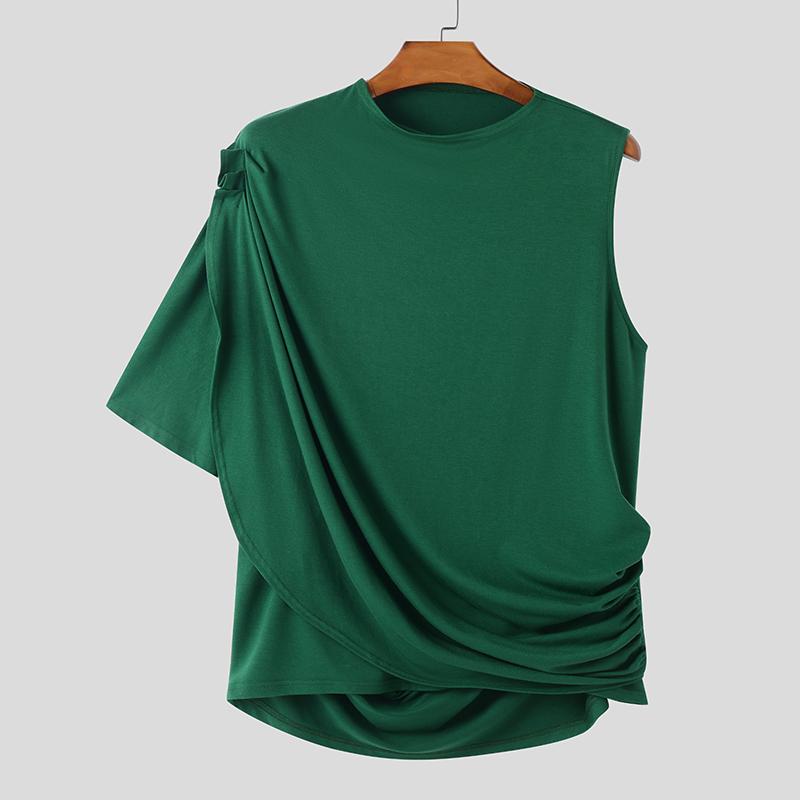 

INCERUN Summer Men One Shoulder Irregular Sleeve Ruffled Backless Casual Party Tops S