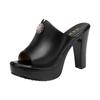10cm Small Size 32-43 Elegant Open Head Block High Heels Shoes Summer Slippers 2025 Women's Soft Leather Slides Platform Model