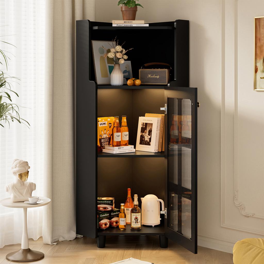 Black Corner Cabinet with Lacquer Finish & LED Lighting – Corner Dresser with App Control, for Living Room, Bookshelf, Bathroom (63.5*124 cm, Black)