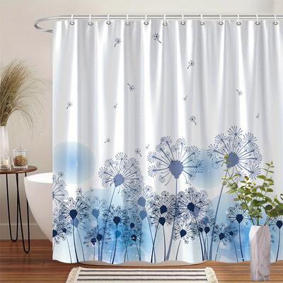 Dandelion Shower Curtain, Blue & White Minimalist Design, Floating Seeds,Polyester, Machine Washable