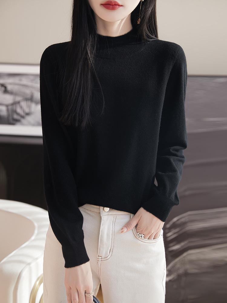 

Women s Solid Color Loose Half-High Collar Knitted Wool Pullover Sweater S