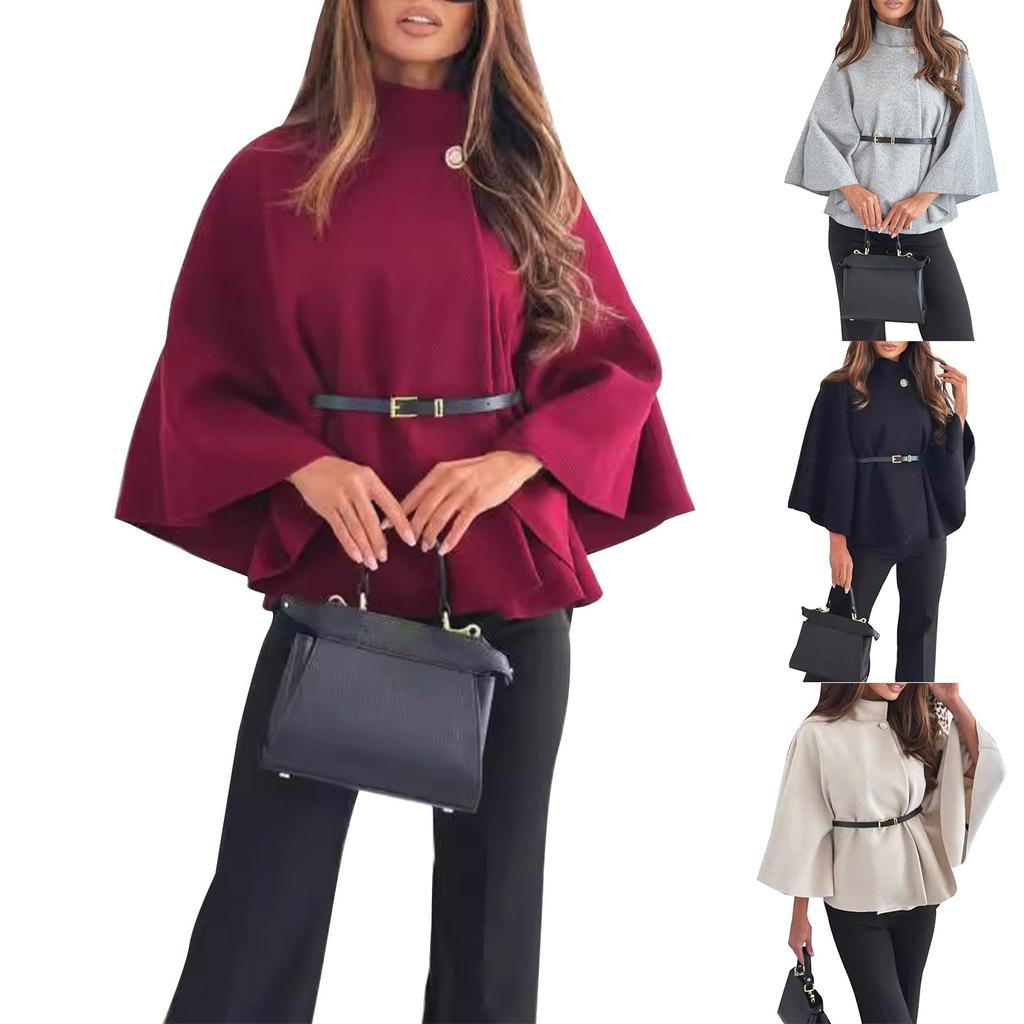 Women's Fashion Waist Tie Woolen Cape Coat
