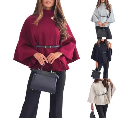 Modischer Woll-Cape-Mantel mit einfarbiger Taille und Krawatte für Damen