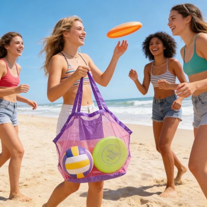 1pc Multicolor Large Mesh Beach Bag, Sand-Away Portable Tote With Convenient Hanging Hole, Breathable  Foldable Storage For Toys