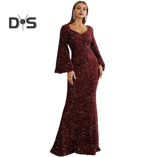 Dámské Večerní šaty Zvonové rukávy Flitr A-line Slim Fit Nízký střih s výstřihem do V Maxi šaty Střední pas Vzadu Zapínání na zip Plesové šaty